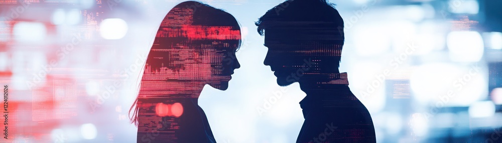 Poster silhouette of man and woman facing each other with abstract lighting and data overlay in a romantic 