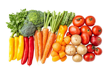 Fresh vegetables arranged neatly, including broccoli, carrots, tomatoes, peppers, and potatoes, on a white isolated background.