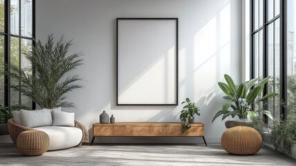 Modern Living Room Interior with Blank Frame, Cozy Furniture, Indoor Plants, and Large Windows Allowing Natural Light