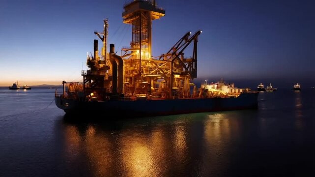 Large illuminated oil drilling rig with several ships on the background. USA. Offshore facility for extraction of oil and gas in San Pedro Channel at dawn. High quality 4k footage