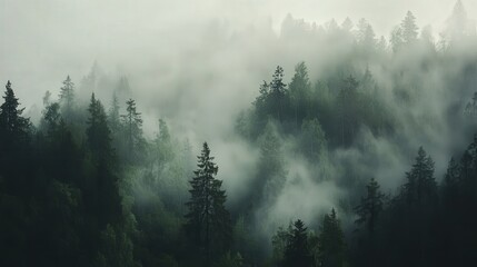 serene evergreen forest scene, featuring mist gently drifting among the trees for a calm and peaceful landscape