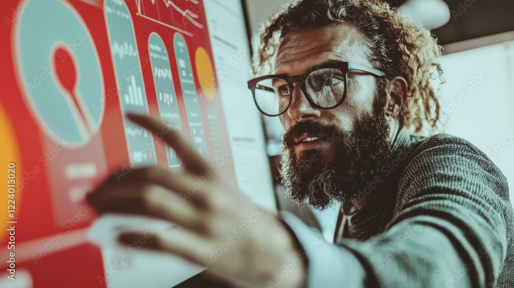 Poster young professional analyzing data insights on high-tech display in modern office environment