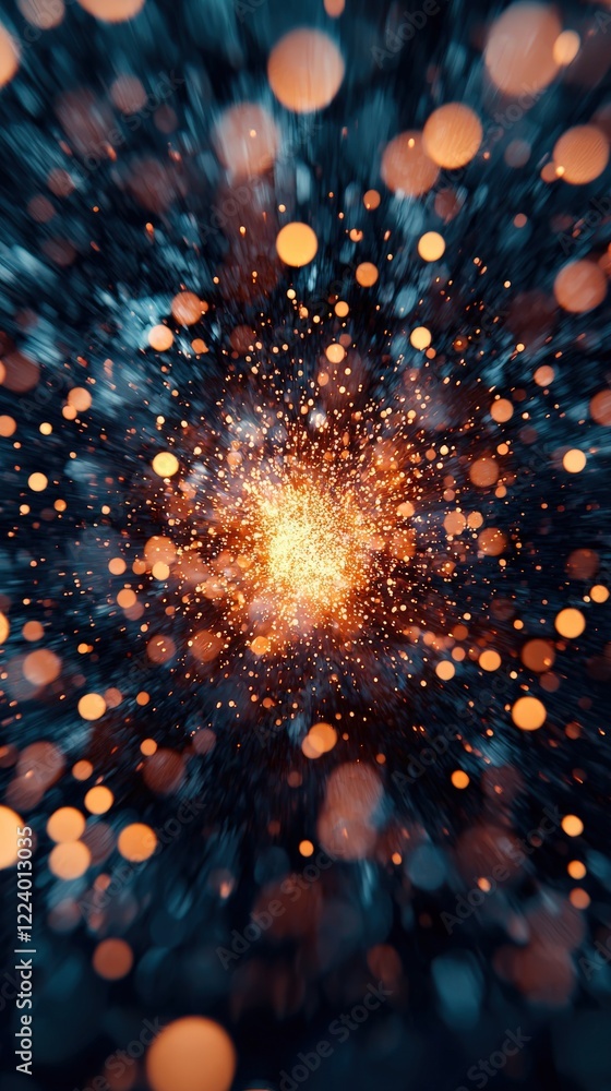 Poster vibrant abstract explosion of light particles in vivid orange and blue background creating dynamic m