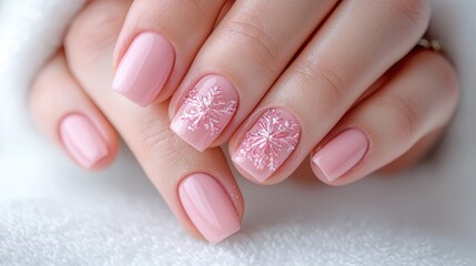 Pink snowflake nail art on soft background