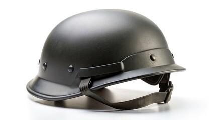 Fototapeta premium Minimalist Black Kevlar Military Helmet on White Background - Stock Photo