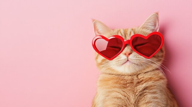 A relaxed ginger cat wearing red heart-shaped sunglasses lounges against a pastel pink background, creating a charming and playful Valentine’s Day scene