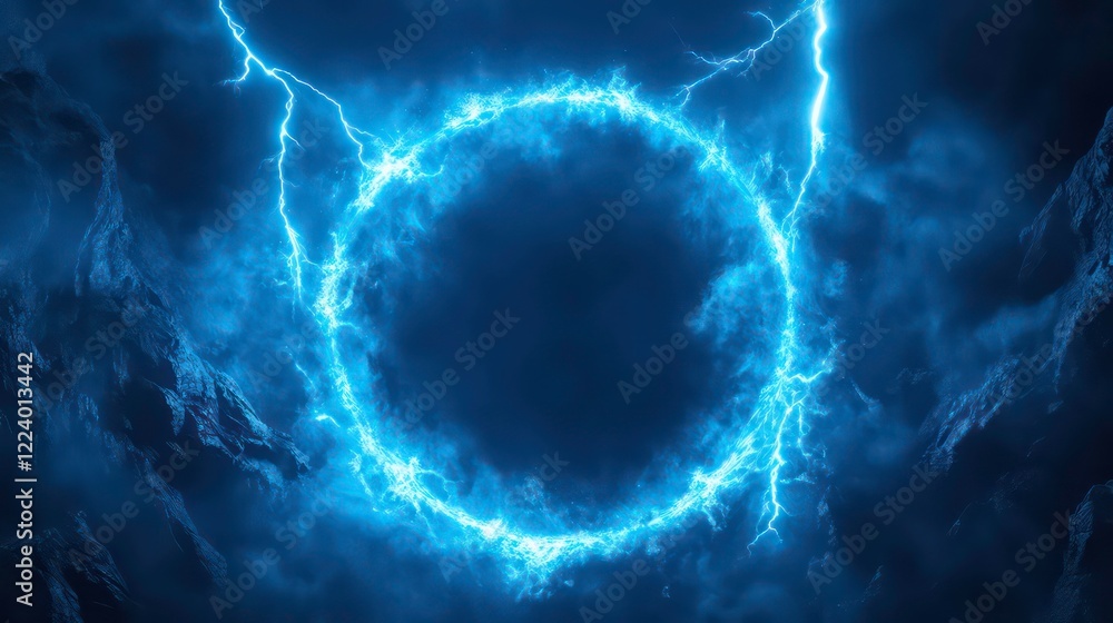 Poster abstract blue neon light background with a glowing circular frame and thunder glow effect