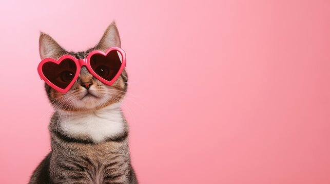 A sweet tabby cat wearing red heart-shaped sunglasses poses confidently against a pink background, creating a fun and lovable scene, perfect for Valentine’s Day or pet-themed content