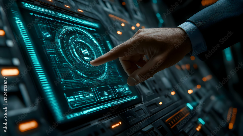 Poster man interacts with futuristic tech interface