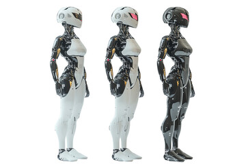 Stylized humanoid robots in three variations, showcasing sleek designs and futuristic aesthetics, perfect for sci-fi themes.