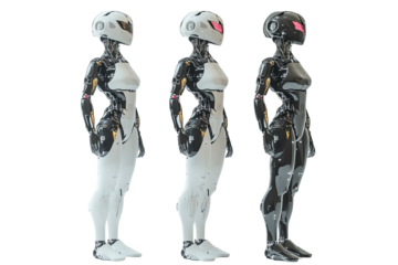 Stylized humanoid robots in three variations, showcasing sleek designs and futuristic aesthetics, perfect for sci-fi themes.