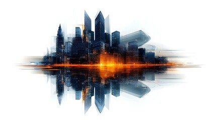 Fototapeta premium Futuristic city skyline reflection, sunrise, urban development, digital art, website banner
