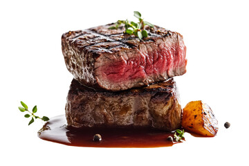 Succulent grilled steak stacked on a plate with sauce, garnished with herbs, showcasing rich...