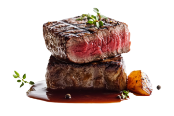 Succulent grilled steak stacked on a plate with sauce, garnished with herbs, showcasing rich textures and vibrant colors.