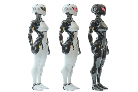 Stylized humanoid robots in three variations, showcasing sleek designs and futuristic aesthetics, perfect for sci-fi themes.