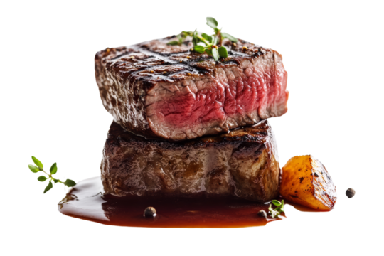 Succulent grilled steak stacked on a plate with sauce, garnished with herbs, showcasing rich textures and vibrant colors.
