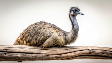 Fototapeta premium Minimalist Emu Photography: Bird Resting on Wood Branch, Isolated Background Image