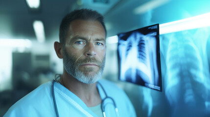 Fototapeta premium A doctor viewing an X-ray in a modern medical environment, focused on diagnosing and analyzing the results.