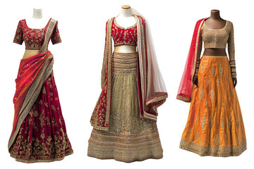 Three elegant traditional Indian outfits displayed on mannequins. The attire features intricate...