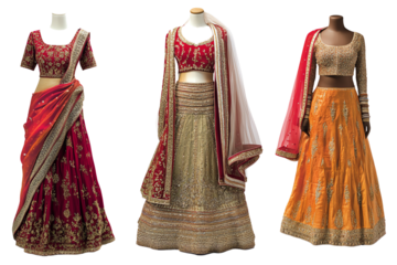 Three elegant traditional Indian outfits displayed on mannequins. The attire features intricate embroidery and vibrant colors for festive occasions.