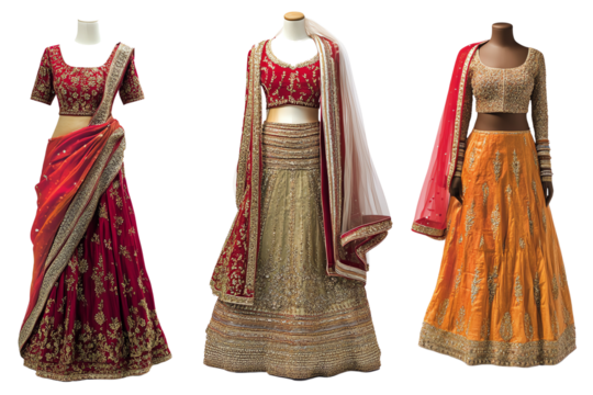 Three elegant traditional Indian outfits displayed on mannequins. The attire features intricate embroidery and vibrant colors for festive occasions.