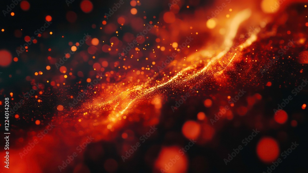 Poster abstract fiery particles and bokeh lights forming a wave-like pattern on dark background.