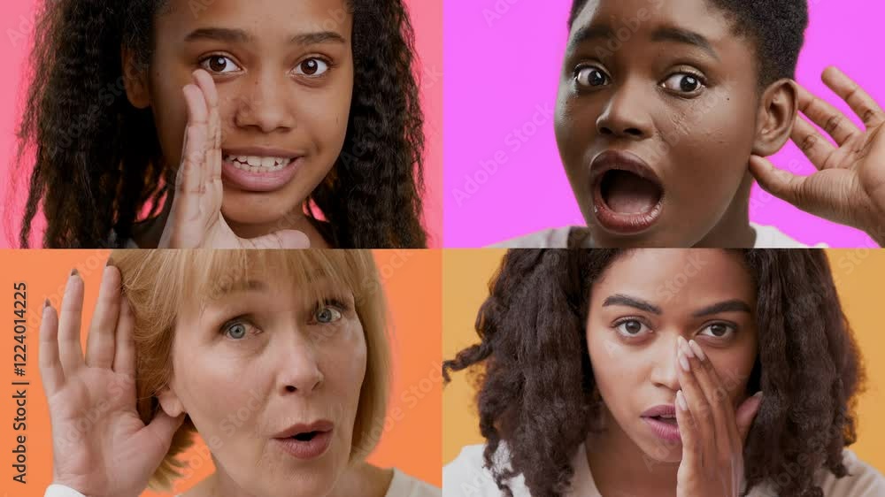 Poster a collection of four individuals displaying a range of joyful and surprised emotions against vibrant
