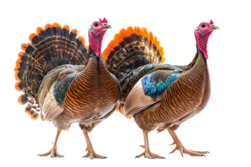 Two vibrant turkeys standing side by side, showcasing their colorful plumage in a natural pose, perfect for wildlife or Thanksgiving themes.