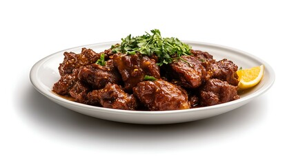Plate with delicious chicken wings and vegetables on white background