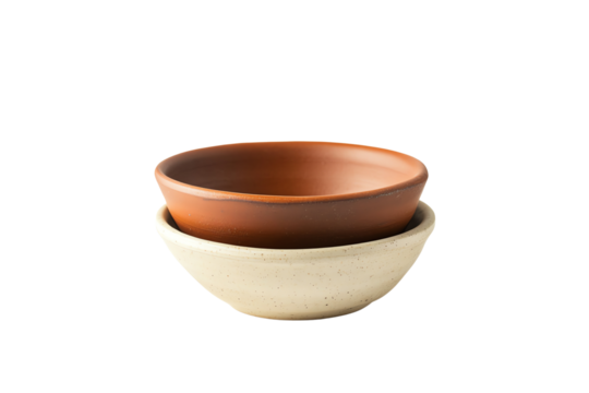 Two nested ceramic bowls, one brown and one white, isolated on a clean background, showcasing an elegant and minimalistic design.