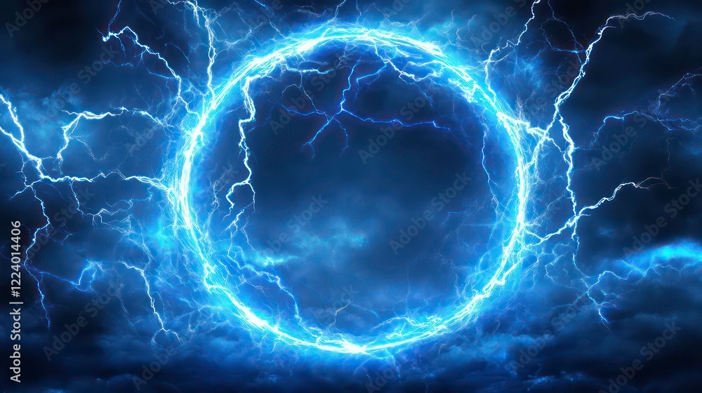 Poster abstract blue neon light background with a glowing circular frame and thunder glow effect