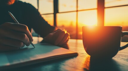 Naklejka premium Serene Morning Routine with Hot Coffee and Notebook at Sunrise by the Window in Warm Golden Light