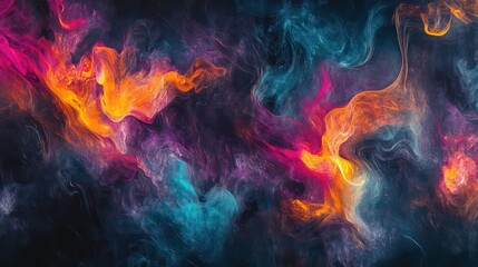 Abstract colorful smoke swirling on a dark background , vibrant, ethereal, haze, mysterious, psychedelic, dynamic, artistic