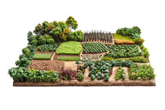 Vibrant vegetable garden showcasing a variety of crops and plants, neatly arranged in patches, promoting sustainable gardening practices.