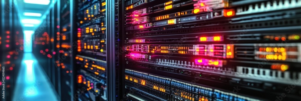 Poster futuristic data center with rows of servers illuminated by led lights featuring high-tech network eq