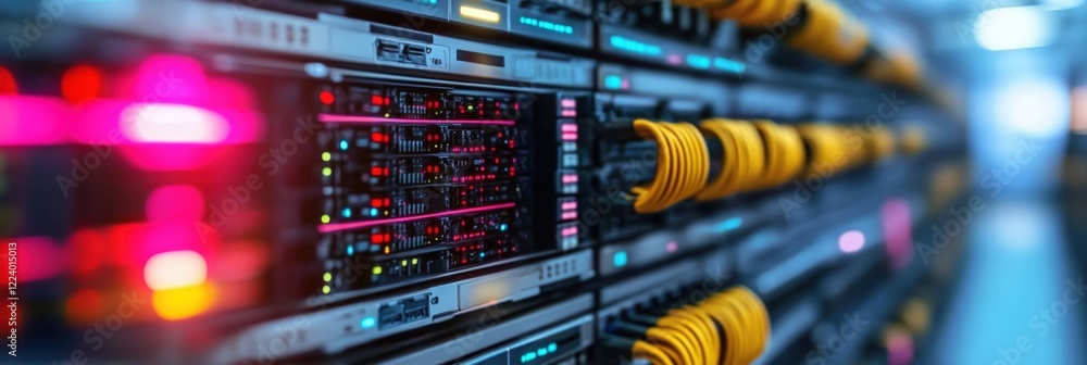 Poster data center network infrastructure with colorful leds and various connections for optimal performanc
