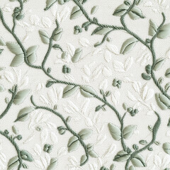 Elegant Floral Brocade Texture: A detailed close-up reveals an exquisite brocade fabric with an embossed floral pattern in subtle sage green and ivory.