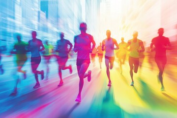 Dynamic Group of Runners in Motion during Colorful Urban Marathon Event at Sunset