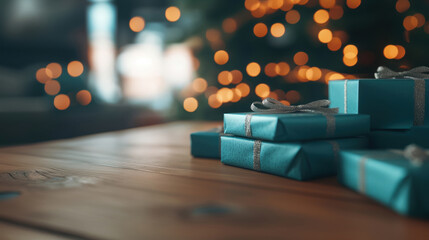 Wrapped Christmas gifts with shiny bows, set against a blurred background of bokeh lights, creating a warm and festive holiday scene.