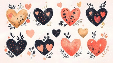 A captivating collection of beautifully designed romantic hearts featuring a variety of patterns  textures  and elements such as polka dots  floral details  and sketched outlines