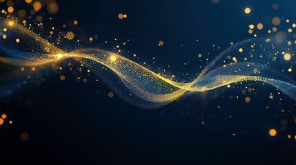 Obraz premium Abstract dark blue and gold particle background with Christmas golden light bokeh, shining particles on navy blue, gold foil texture, festive holiday concept