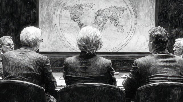 Global strategy meeting, executives viewing world map, conference room, serious discussion