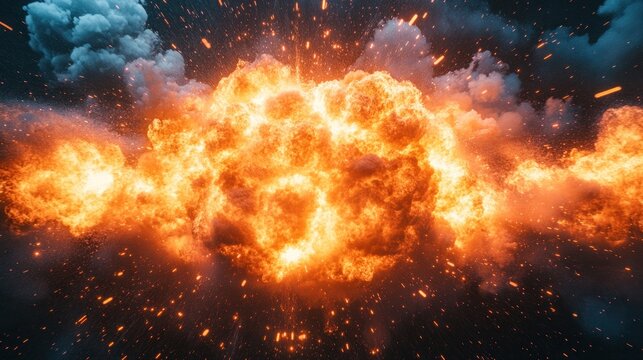 Fiery explosion, night sky, sparks, VFX, game design