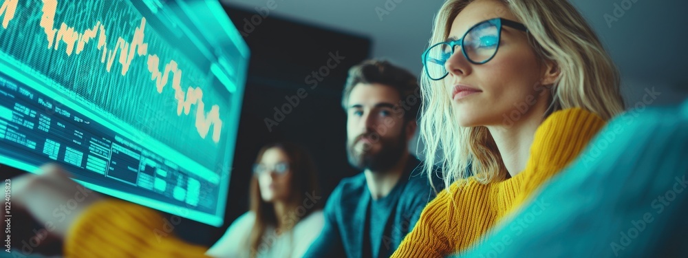 Poster focused professionals analyzing data on computer screen in modern office environment