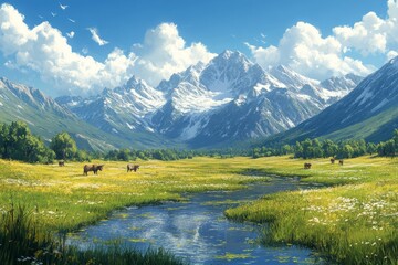 Fototapeta premium Serene Serengeti: A Majestic View of a Vast Grassland Teeming with Wild Animals Under the Open Sky