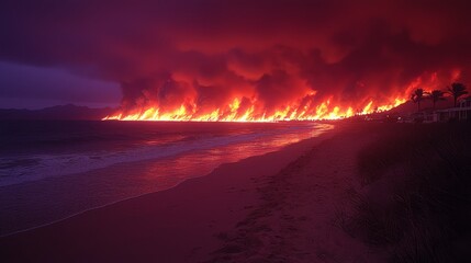 Fototapeta premium Coastal wildfire inferno at night, beach devastation, flames reflect on ocean, emergency