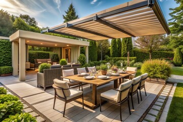 Fototapeta premium Modern Patio Design: Pergola, Awning, Outdoor Dining & Grill