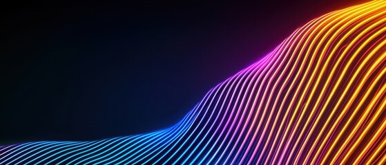Geometry grid artistry concept. Vibrant, flowing lines in gradient hues of blue, pink, and orange create a dynamic abstract wave on a dark background.