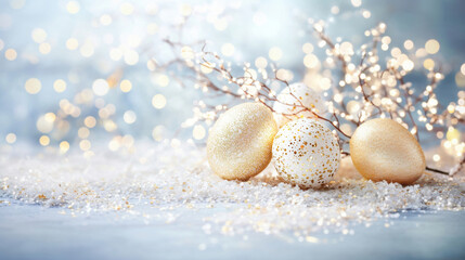 Obraz premium Sparkling Easter eggs with gold and white glitter placed on a textured snowy surface, surrounded by festive bokeh lights.