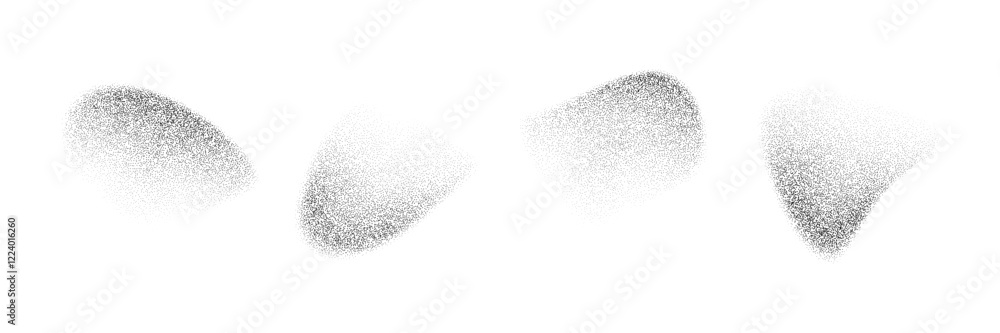 Poster Abstract fading dotted gradient shapes. Black liquid stippled object set. Grainy spray spots and stains. Noise splashes and splatters forms. Dissolve sand dust texture. Vector halftone fluid elements
